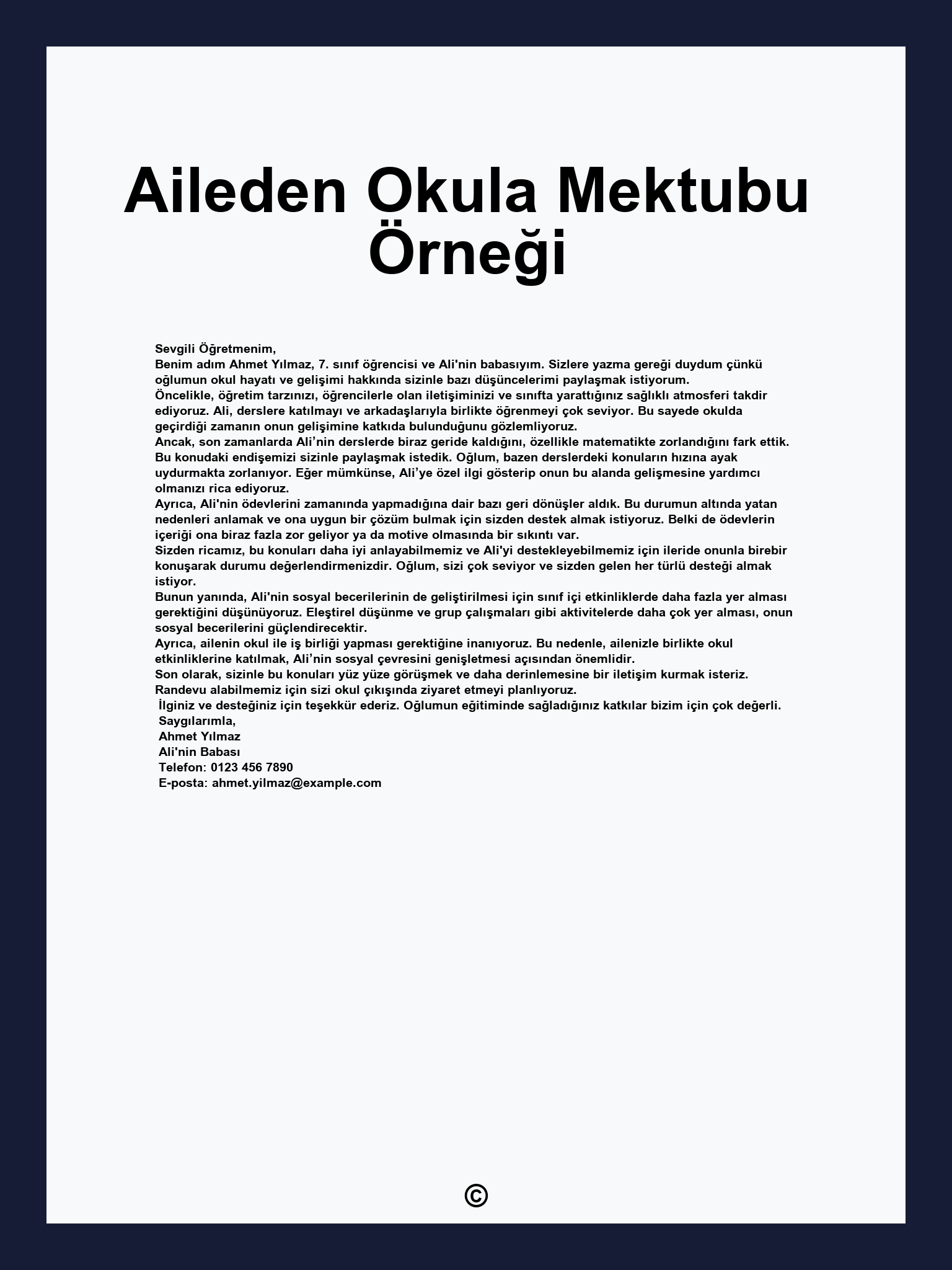 Aileden Okula Mektubu Örneği