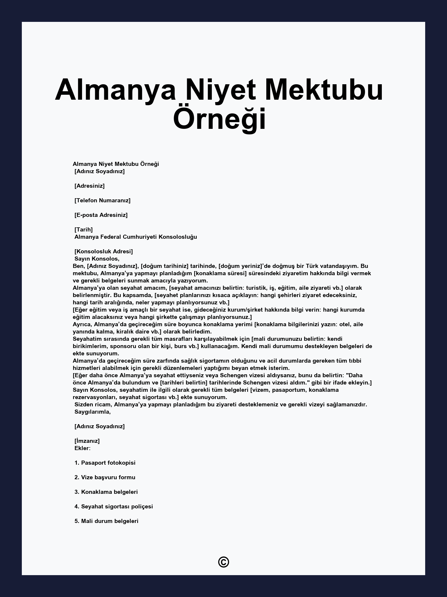 Almanya Niyet Mektubu Örneği