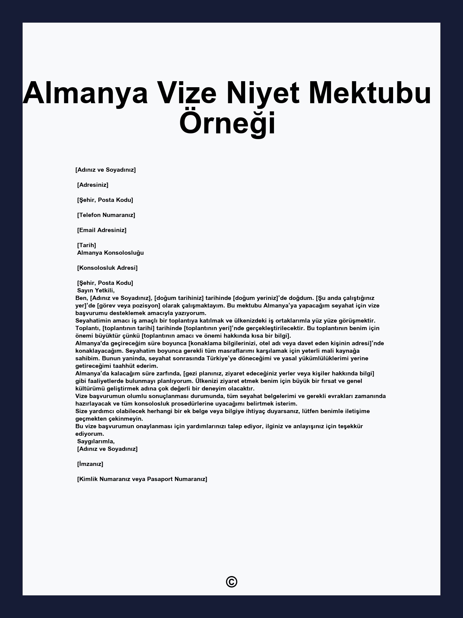 Almanya Vize Niyet Mektubu Örneği