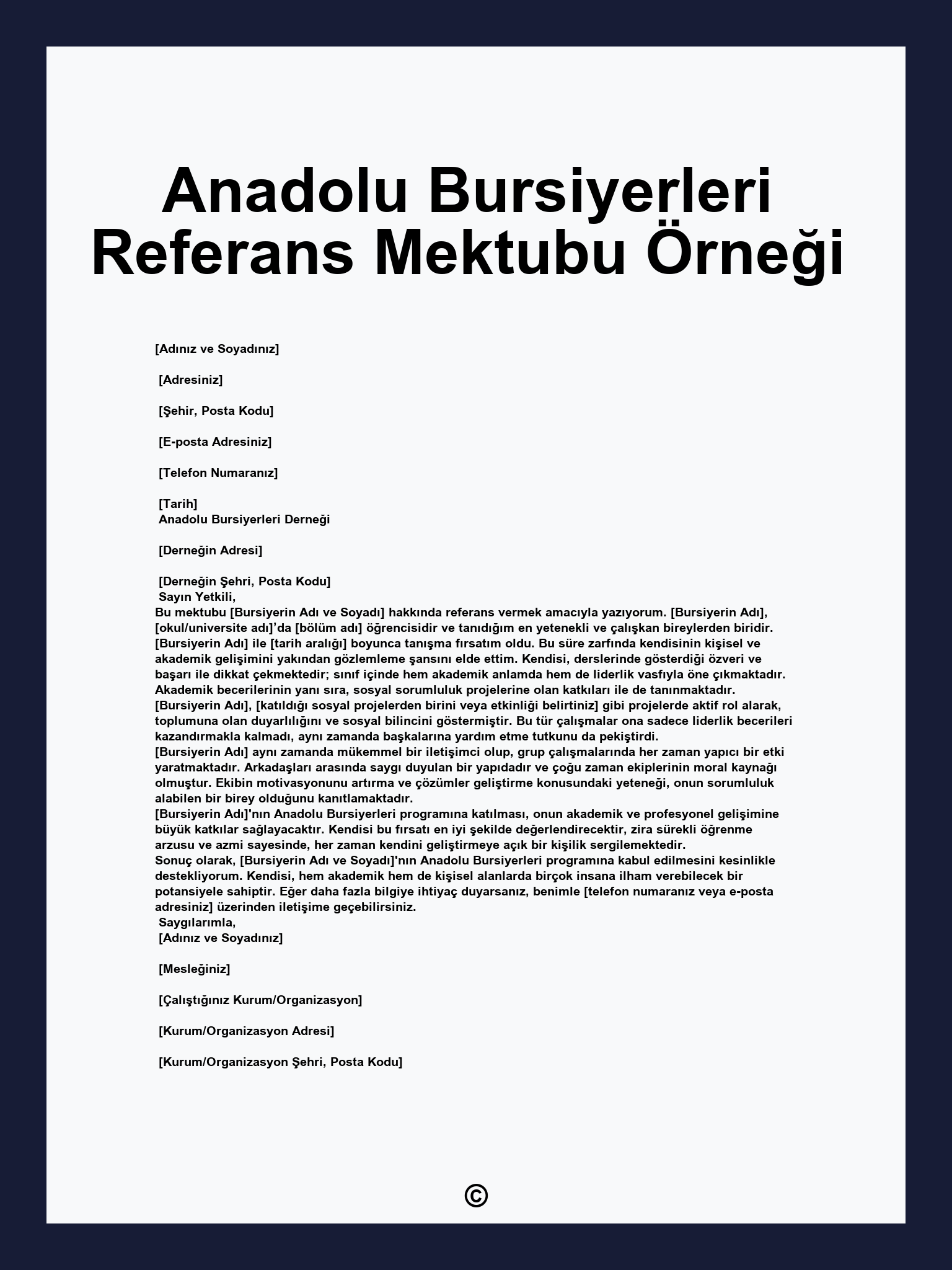 Anadolu Bursiyerleri Referans Mektubu Örneği