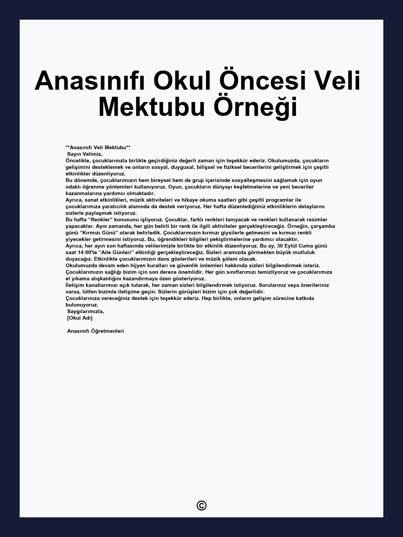 Anasınıfı Okul Öncesi Veli Mektubu Örneği