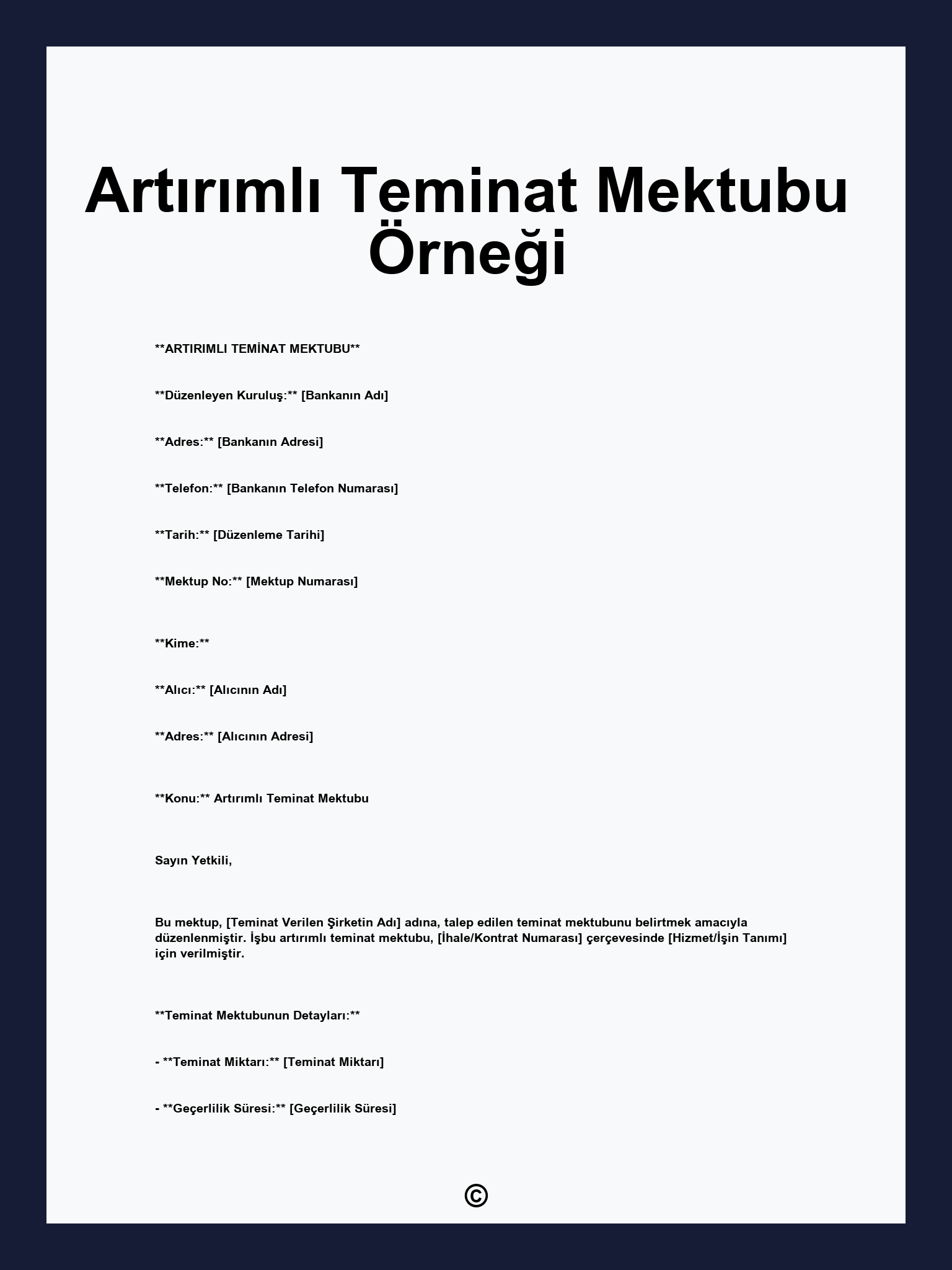 Artırımlı Teminat Mektubu Örneği