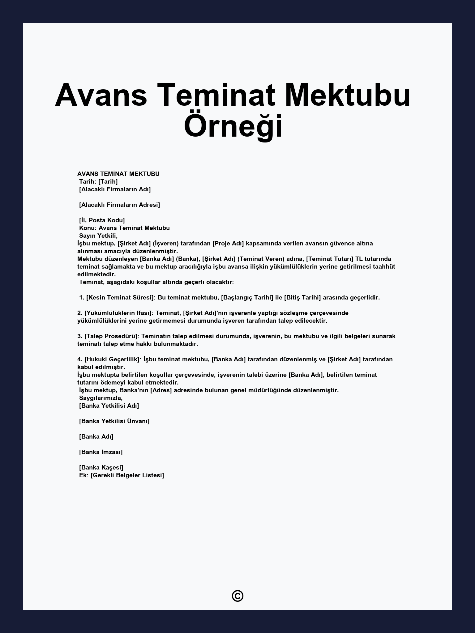Avans Teminat Mektubu Örneği