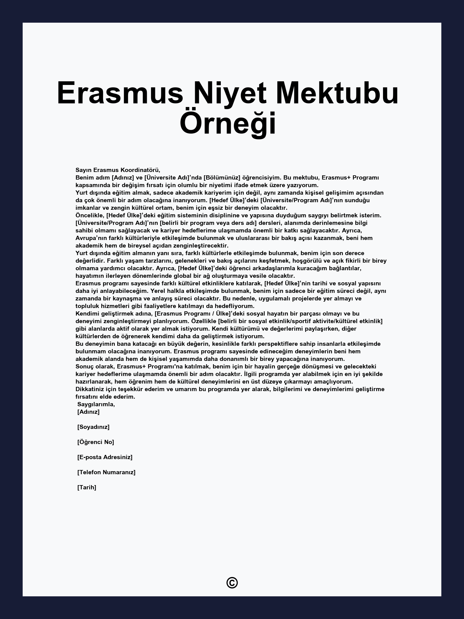 Erasmus Niyet Mektubu Örneği