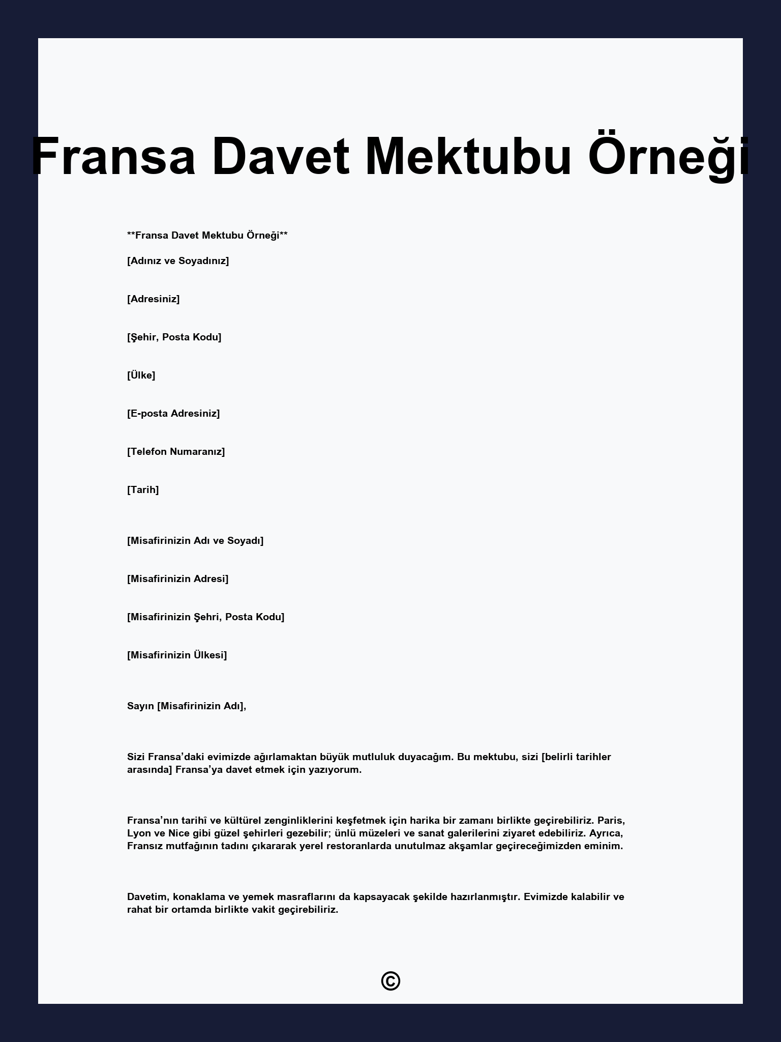 Fransa Davet Mektubu Örneği