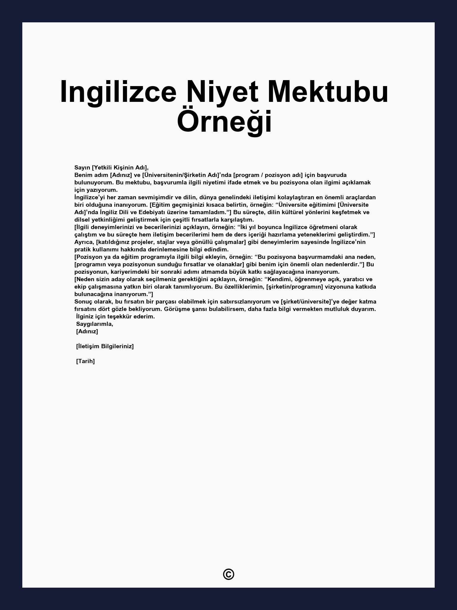 Ingilizce Niyet Mektubu Örneği