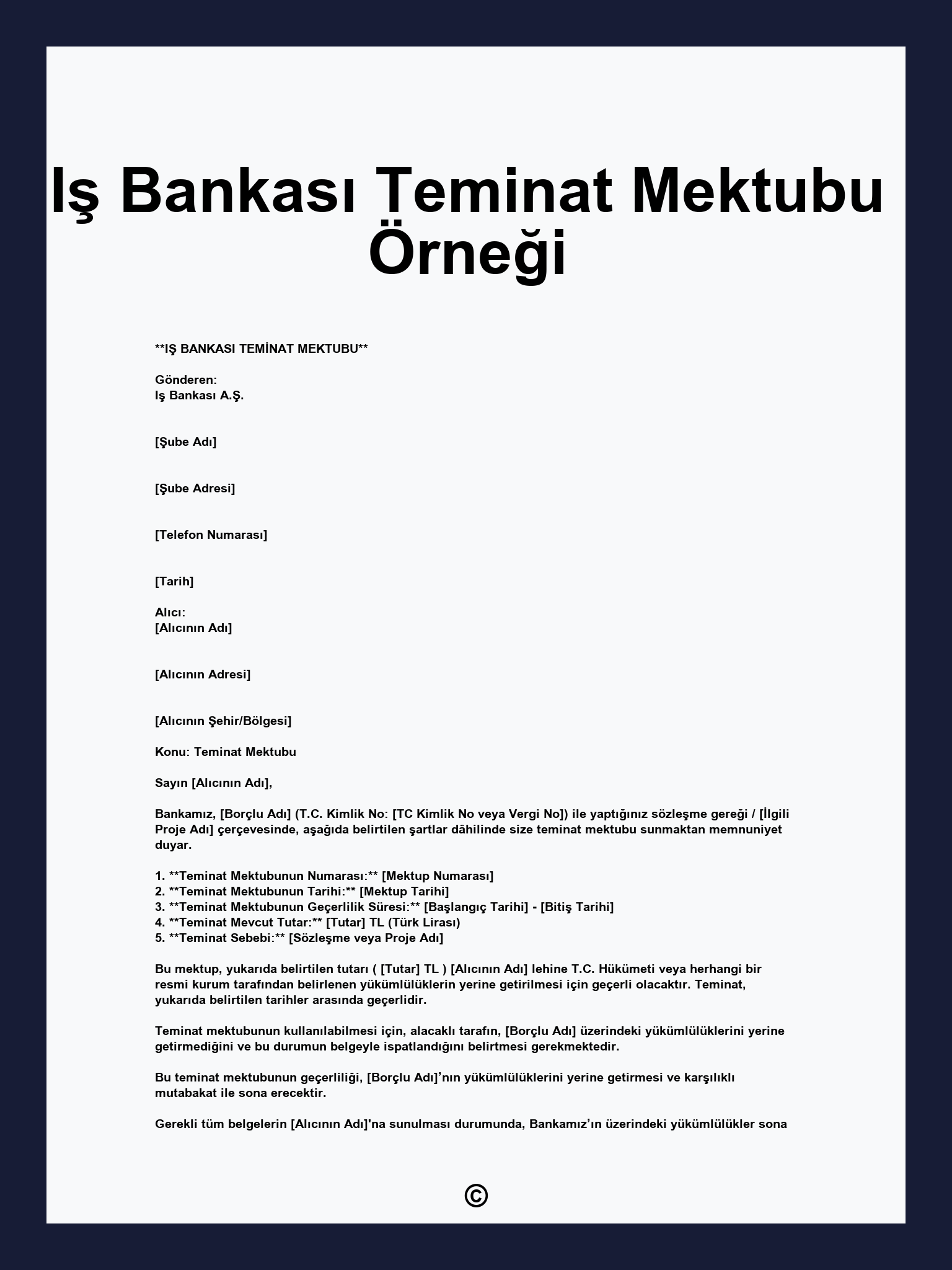 Iş Bankası Teminat Mektubu Örneği