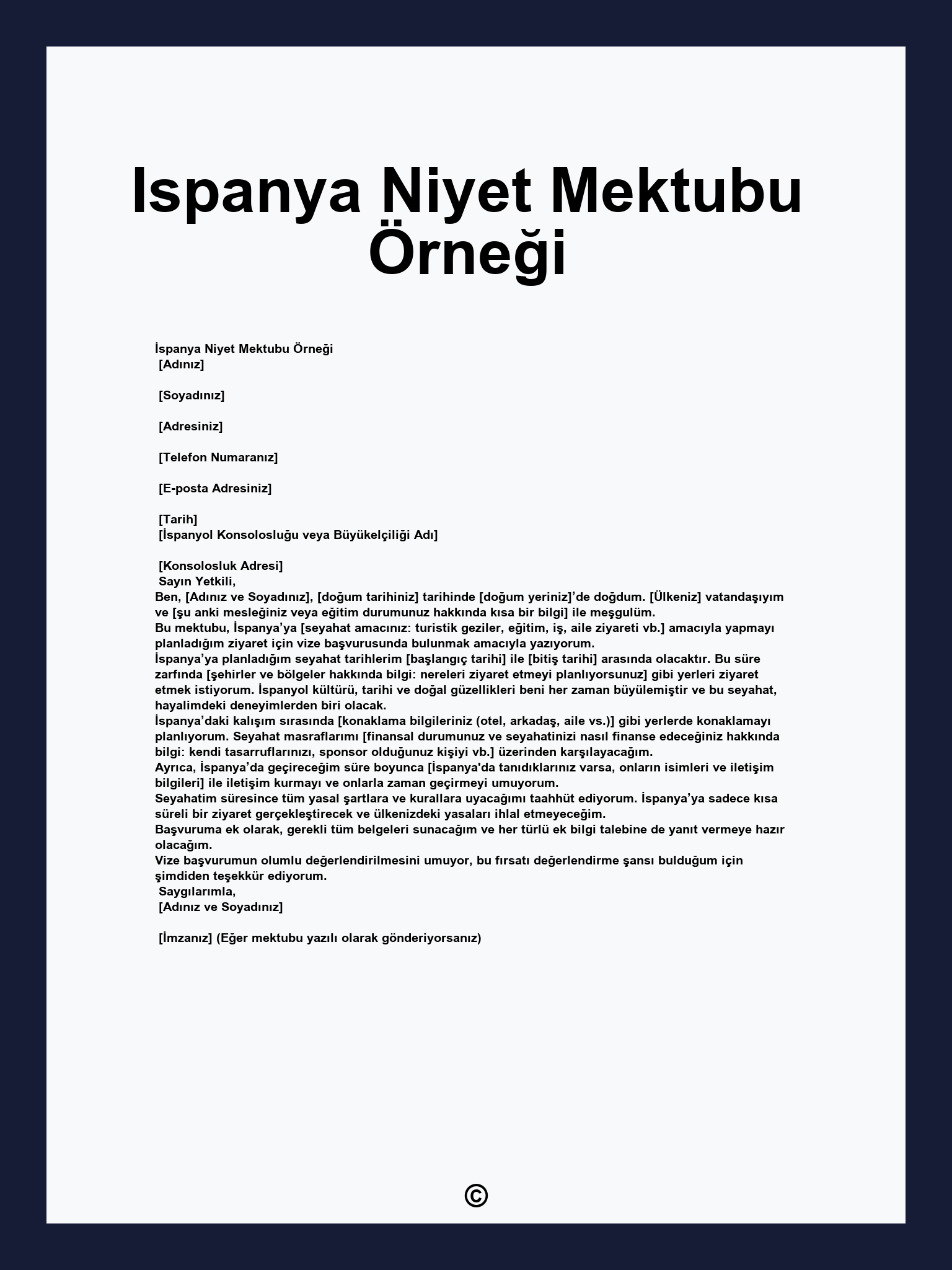 Ispanya Niyet Mektubu Örneği