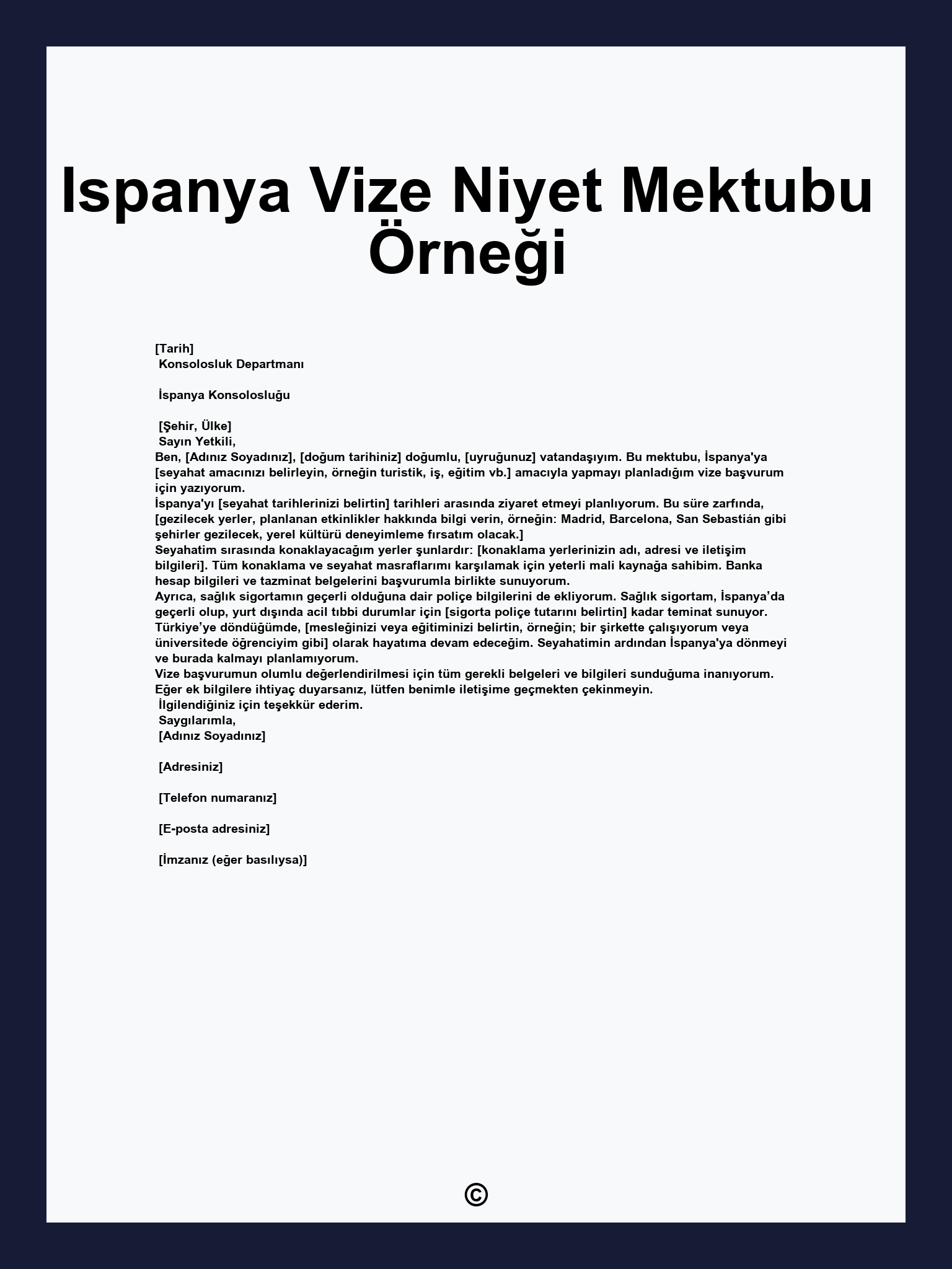 Ispanya Vize Niyet Mektubu Örneği