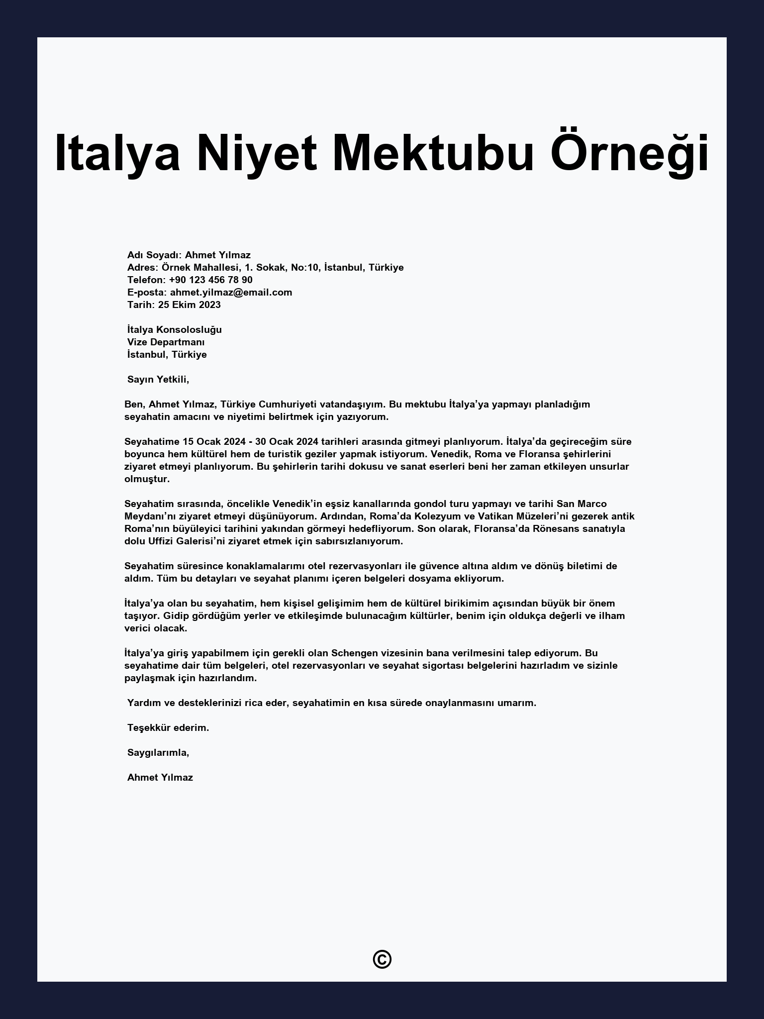 Italya Niyet Mektubu Örneği