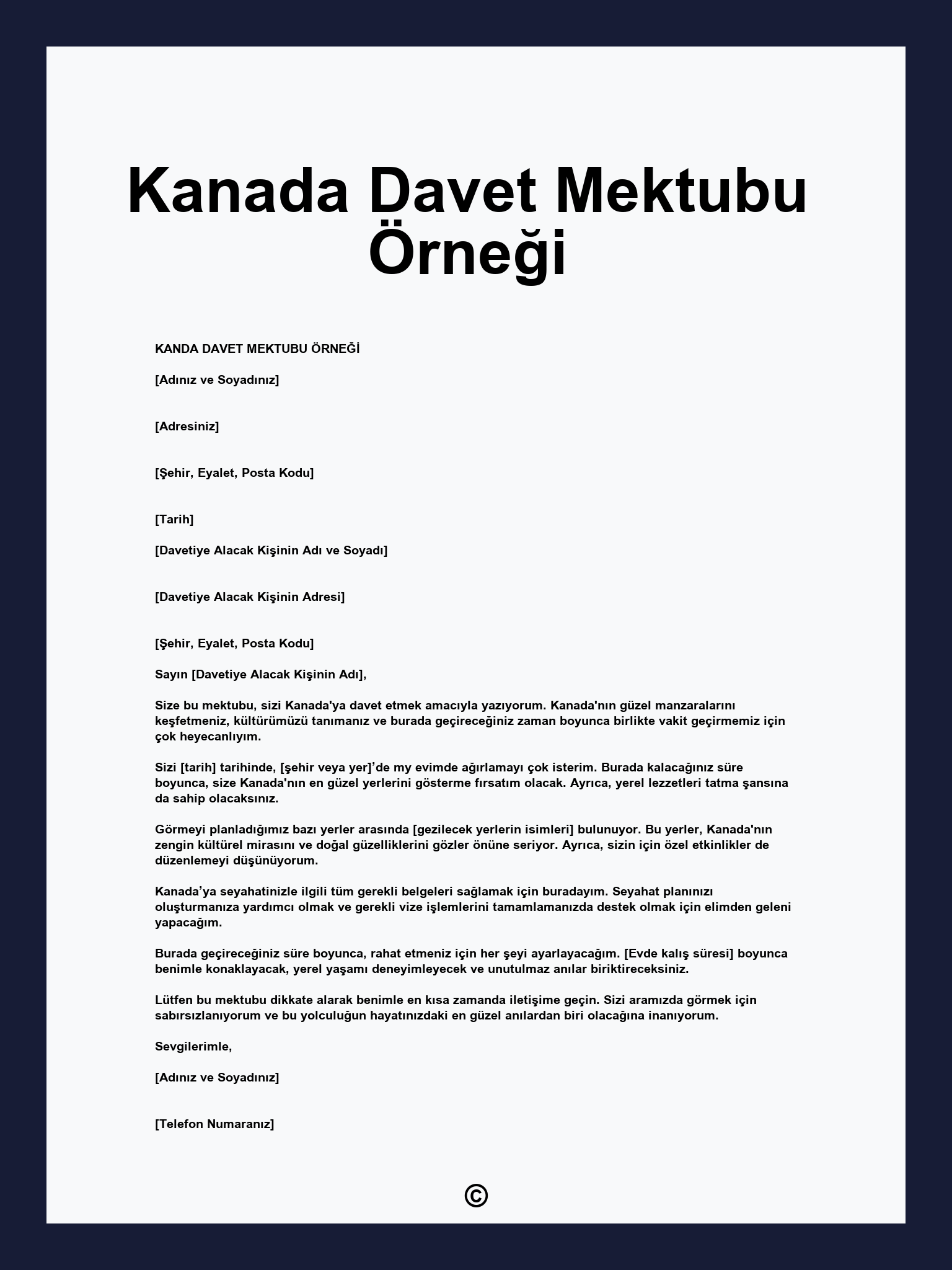 Kanada Davet Mektubu Örneği