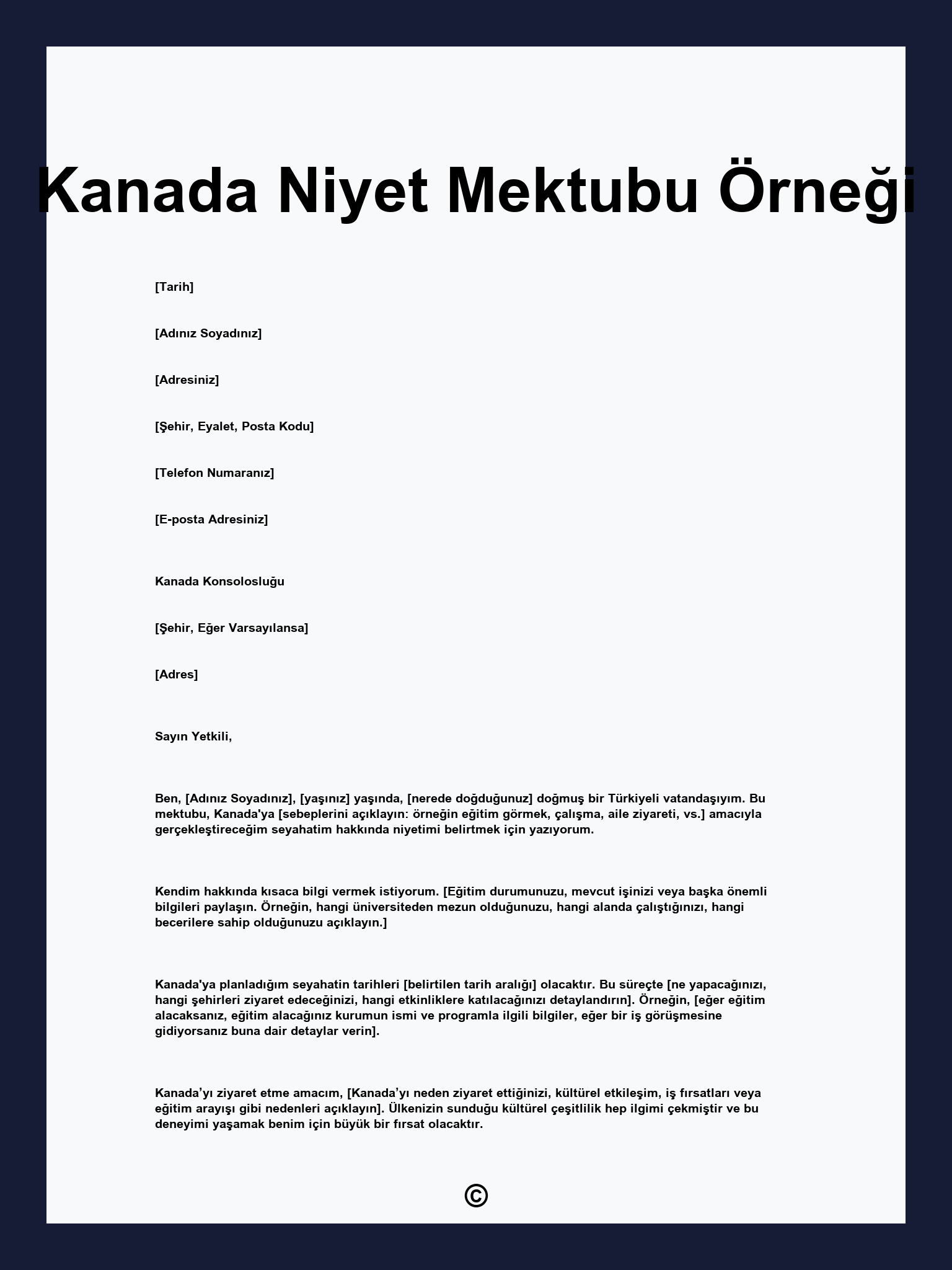 Kanada Niyet Mektubu Örneği