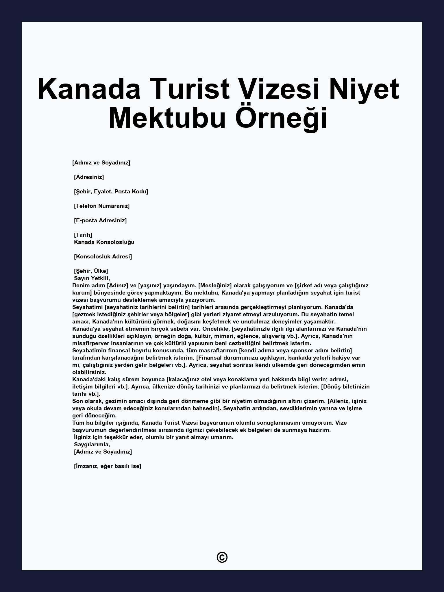 Kanada Turist Vizesi Niyet Mektubu Örneği