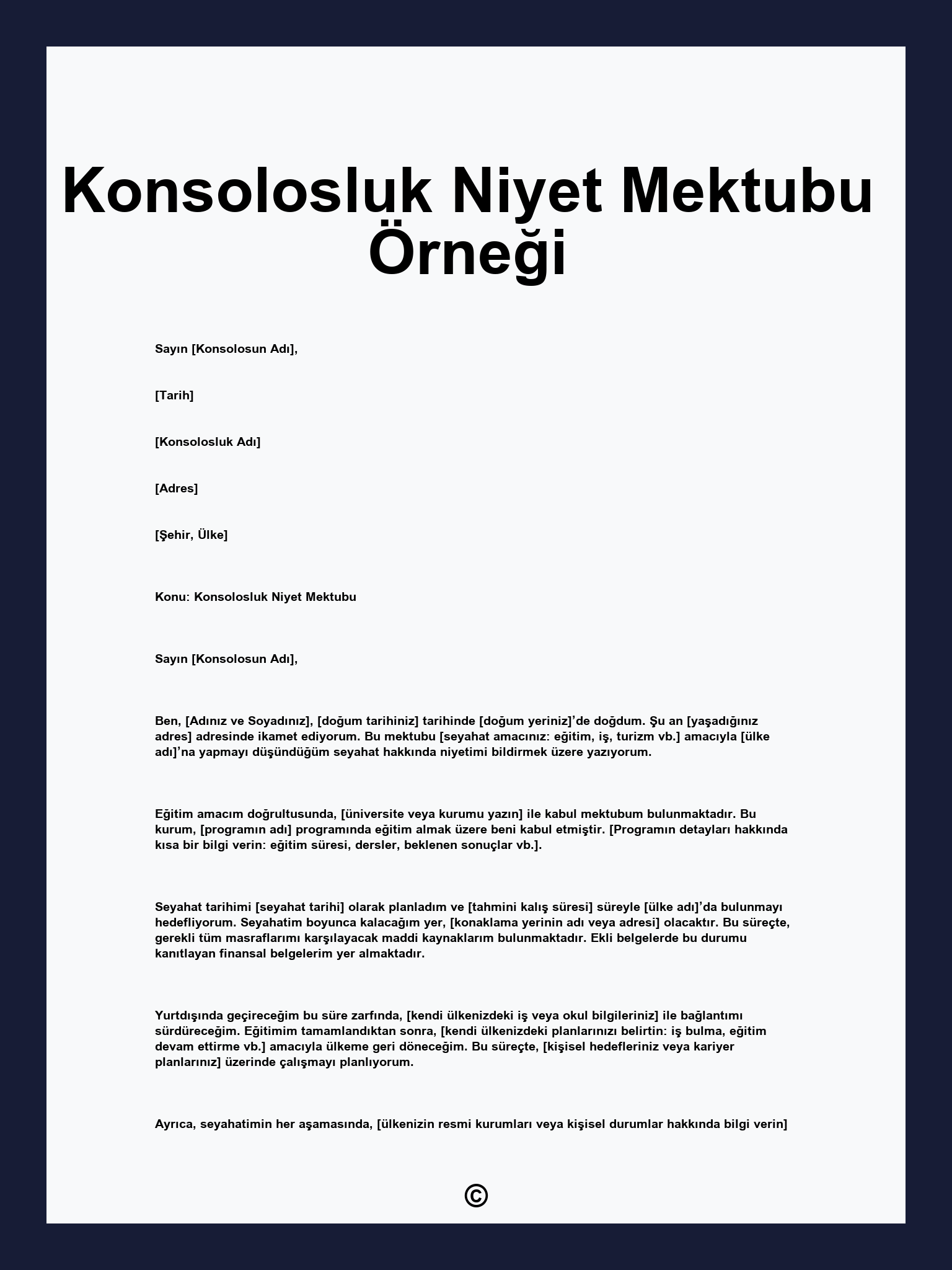 Konsolosluk Niyet Mektubu Örneği