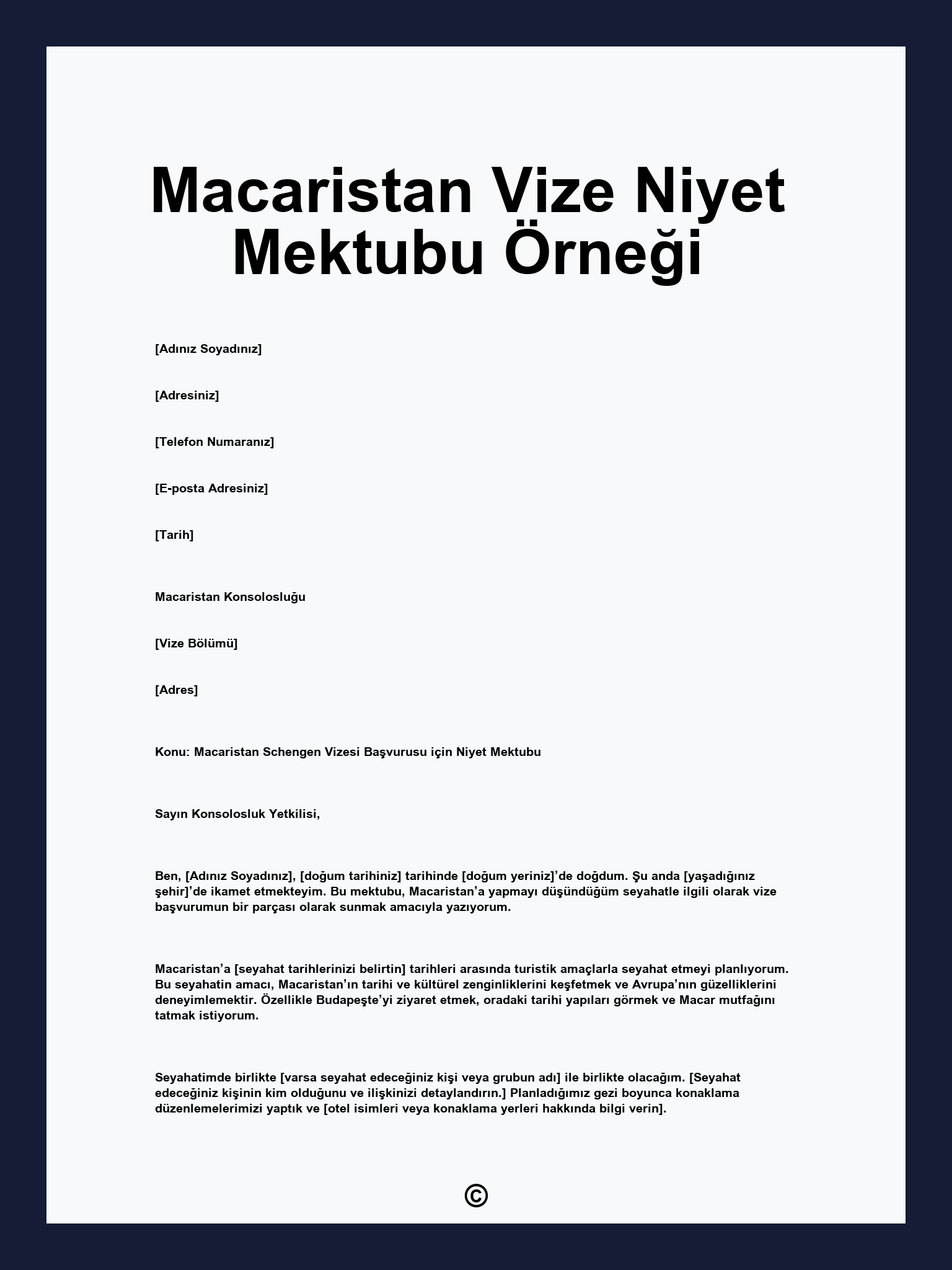 Macaristan Vize Niyet Mektubu Örneği