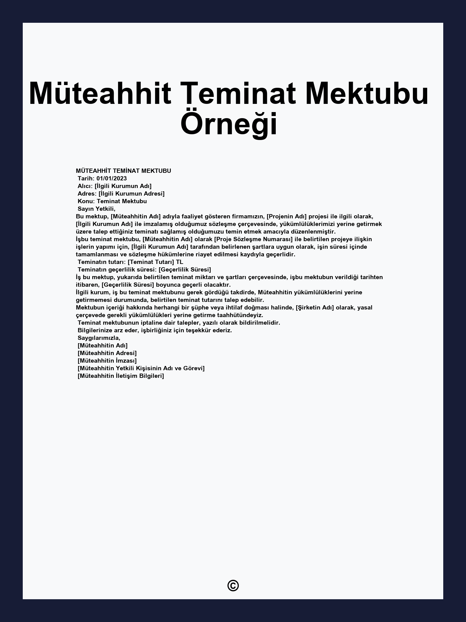 Müteahhit Teminat Mektubu Örneği