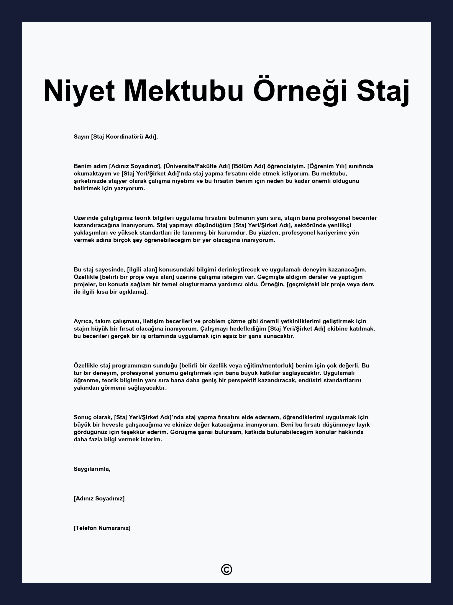 Niyet Mektubu Örneği Staj