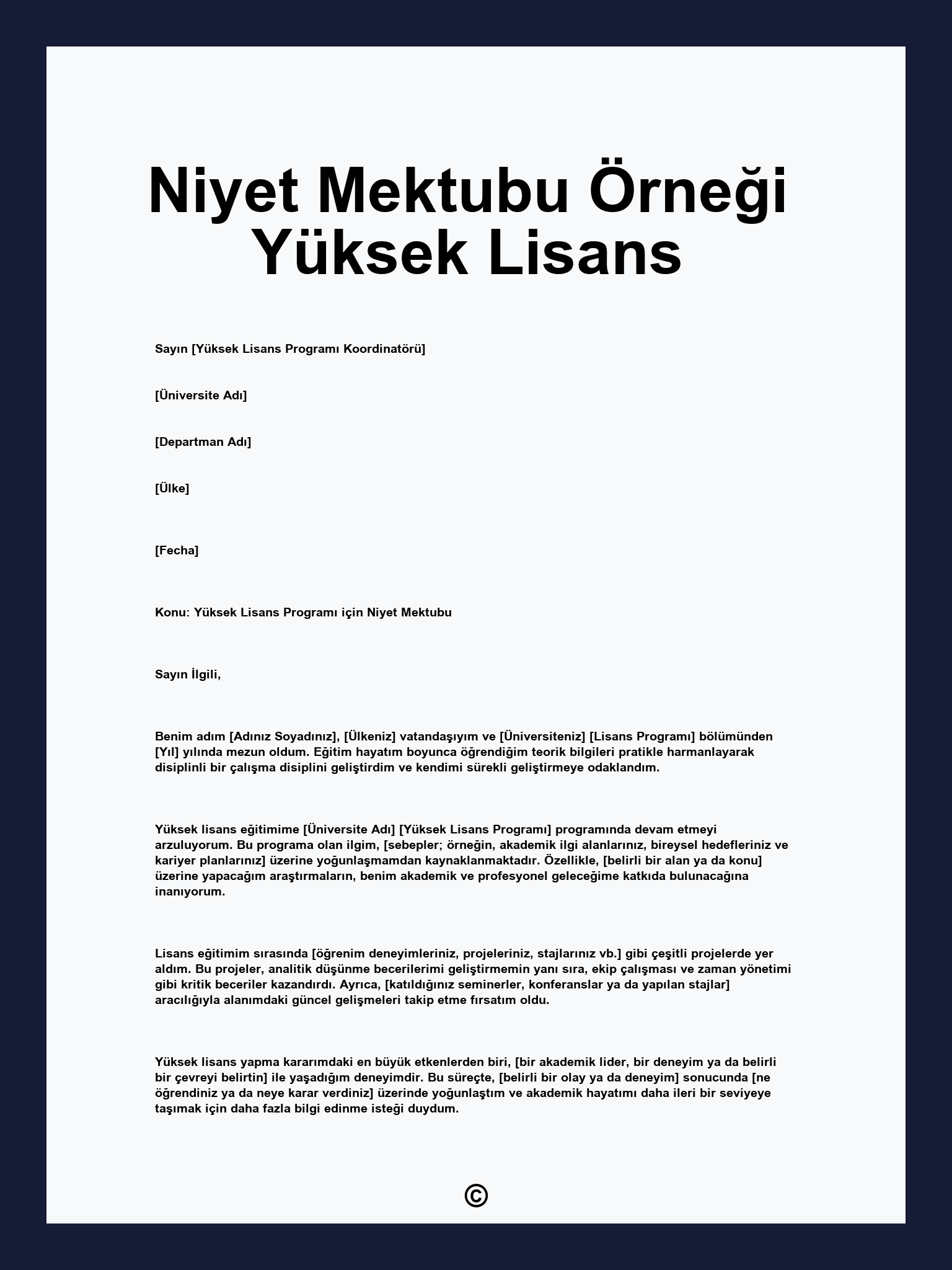 Niyet Mektubu Örneği Yüksek Lisans