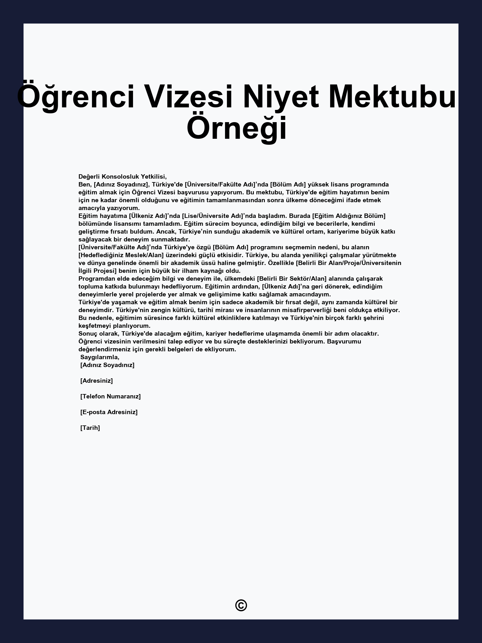 Öğrenci Vizesi Niyet Mektubu Örneği