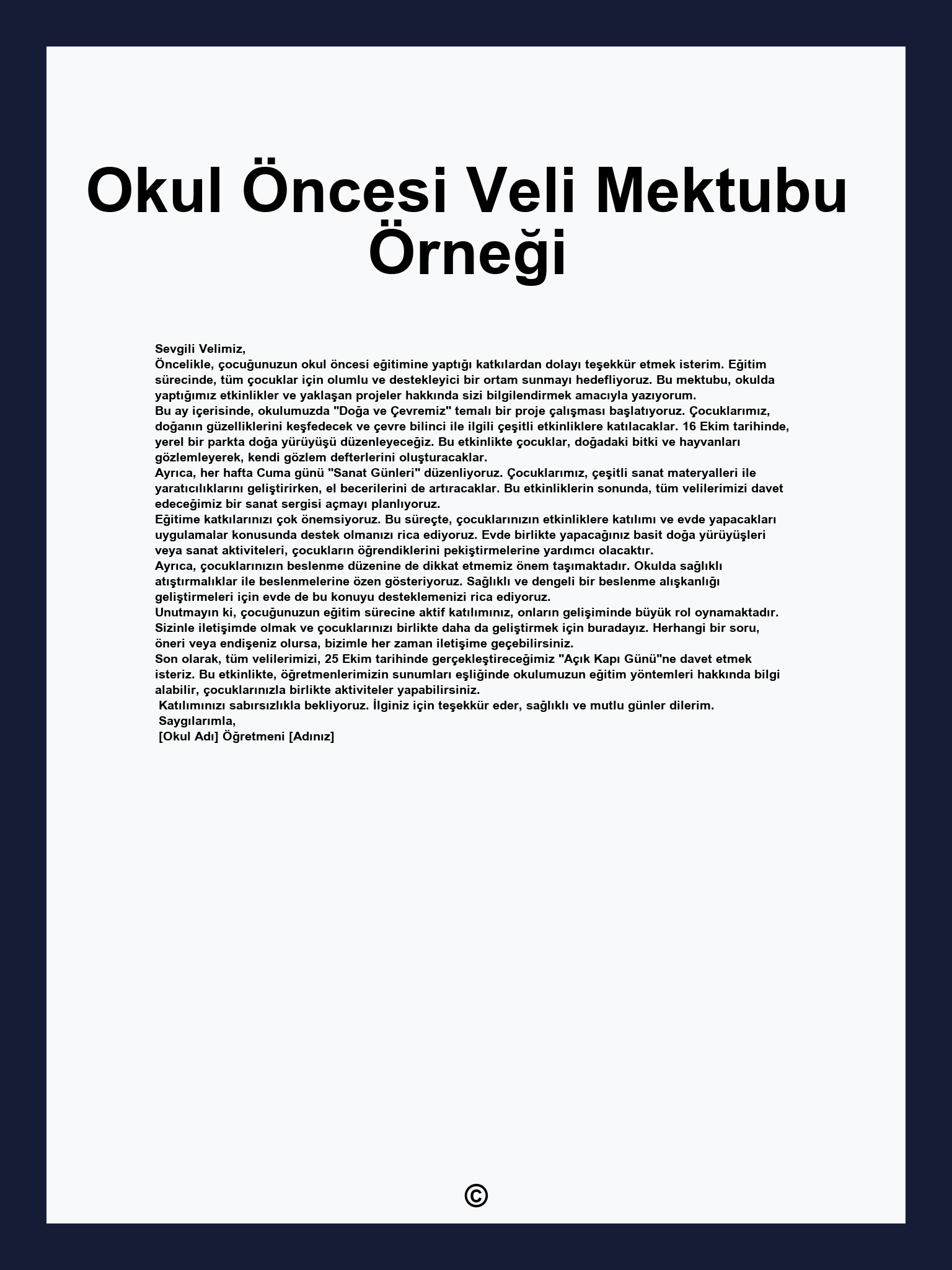 Okul Öncesi Veli Mektubu Örneği