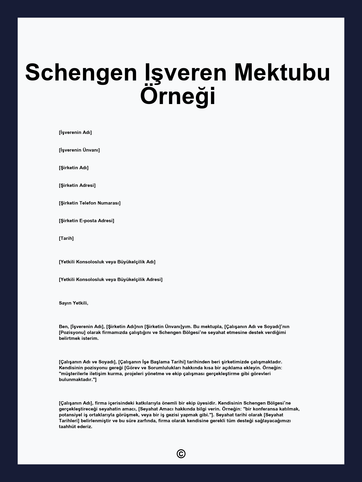 Schengen Işveren Mektubu Örneği