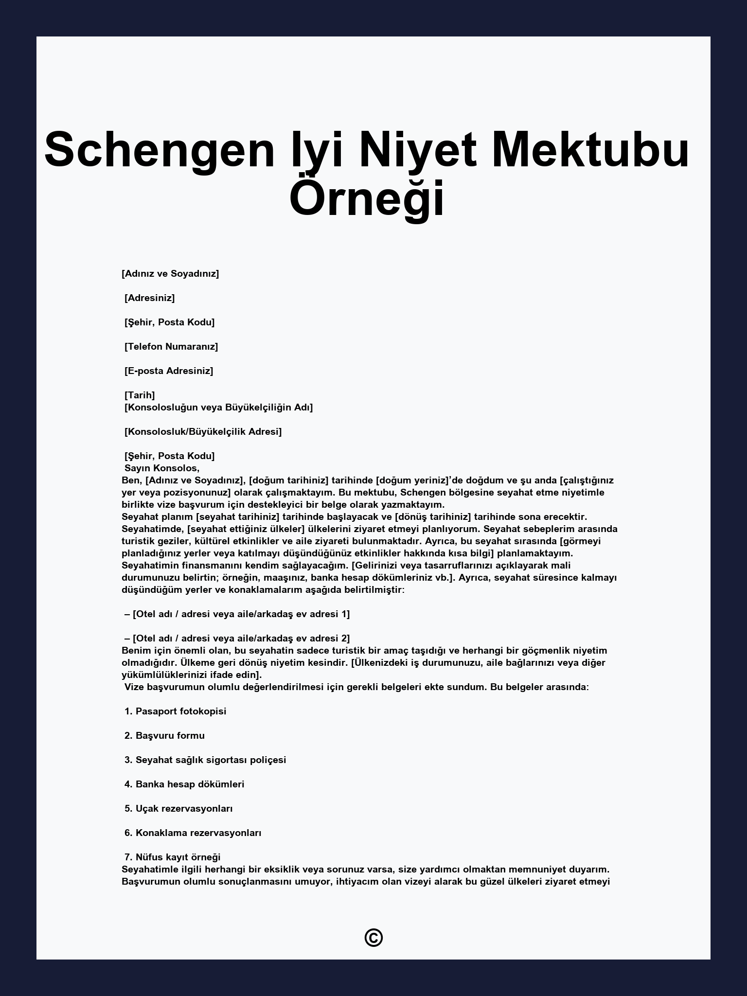 Schengen Iyi Niyet Mektubu Örneği
