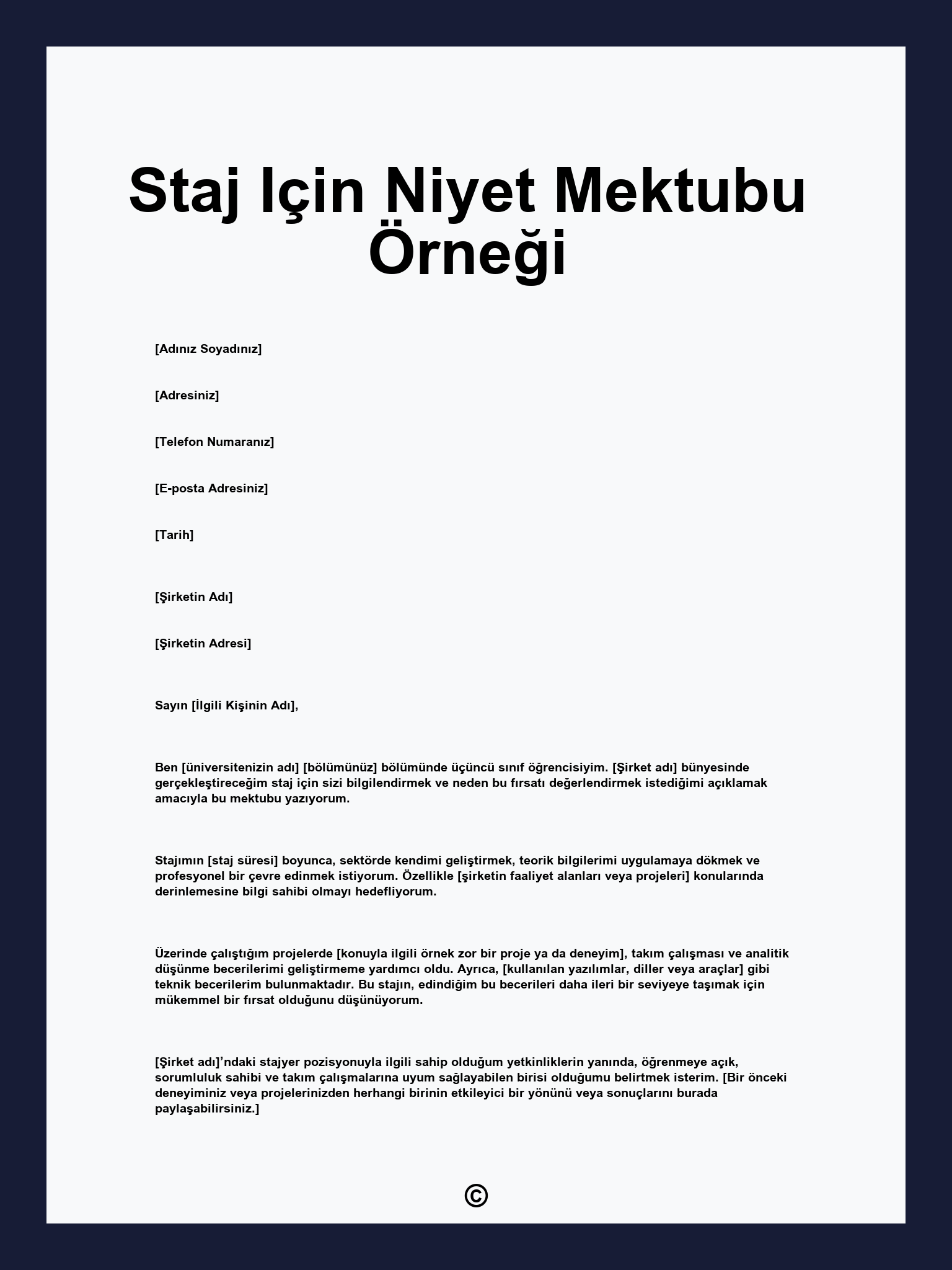 Staj Için Niyet Mektubu Örneği
