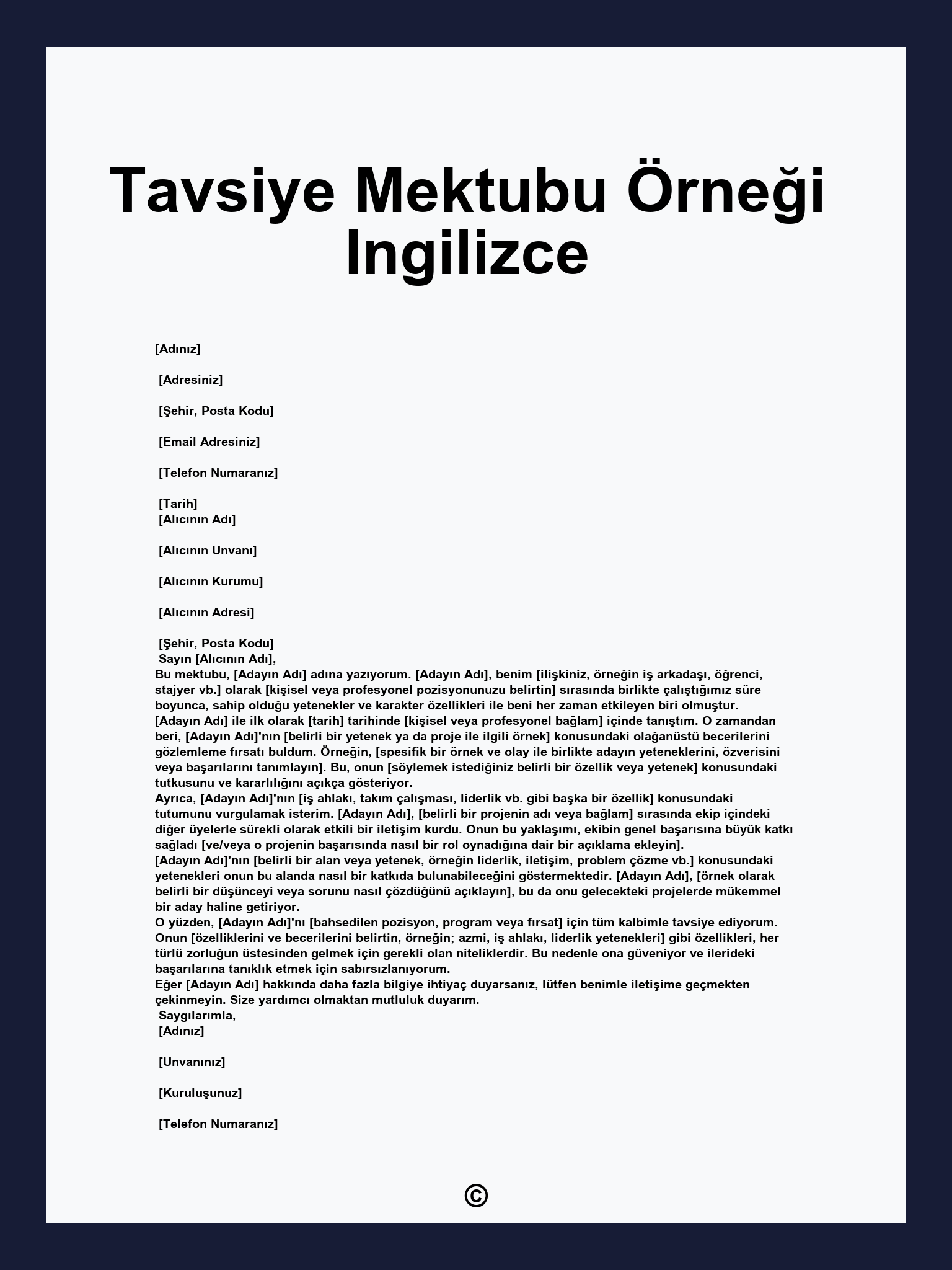 Tavsiye Mektubu Örneği Ingilizce