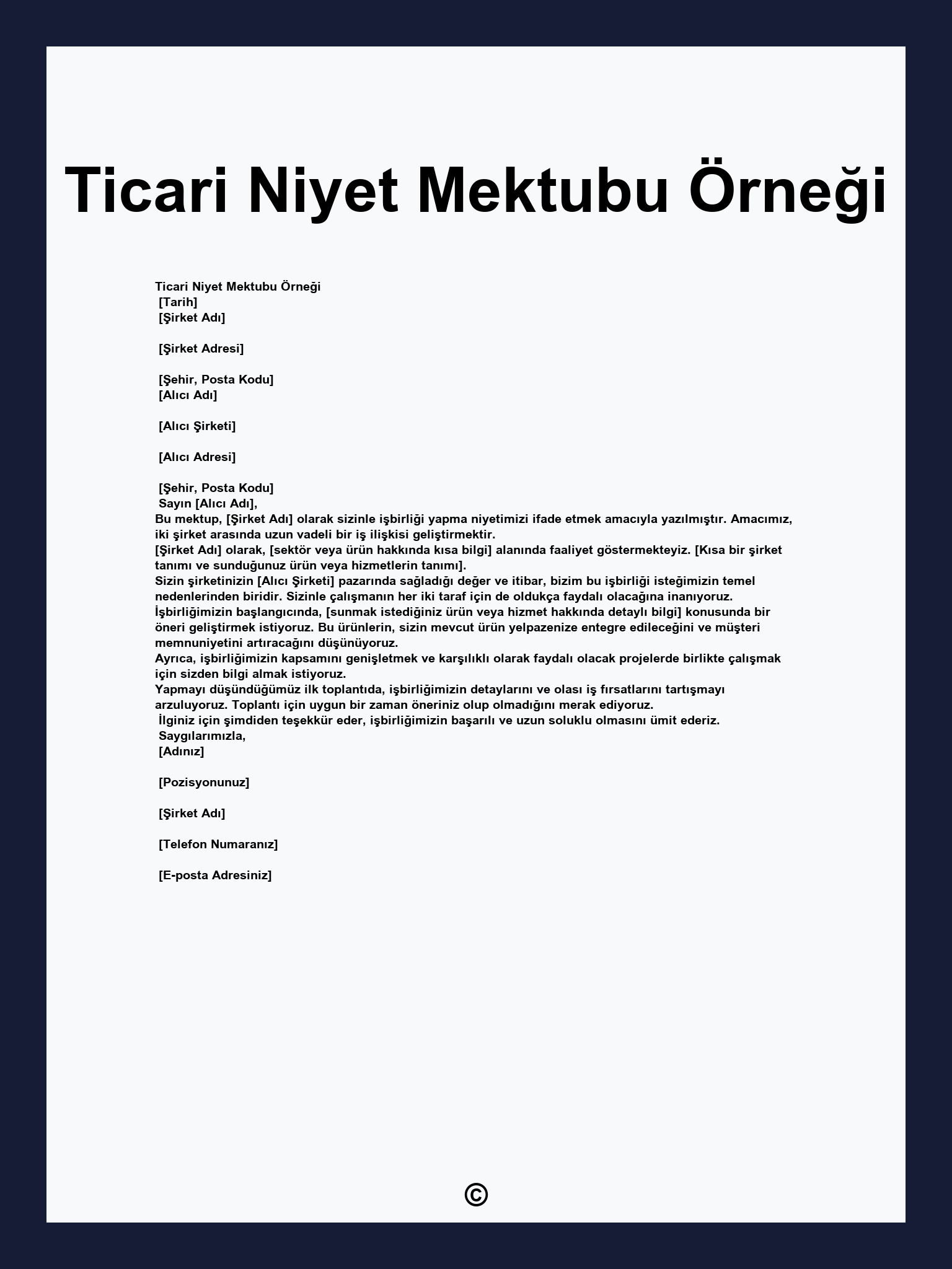 Ticari Niyet Mektubu Örneği