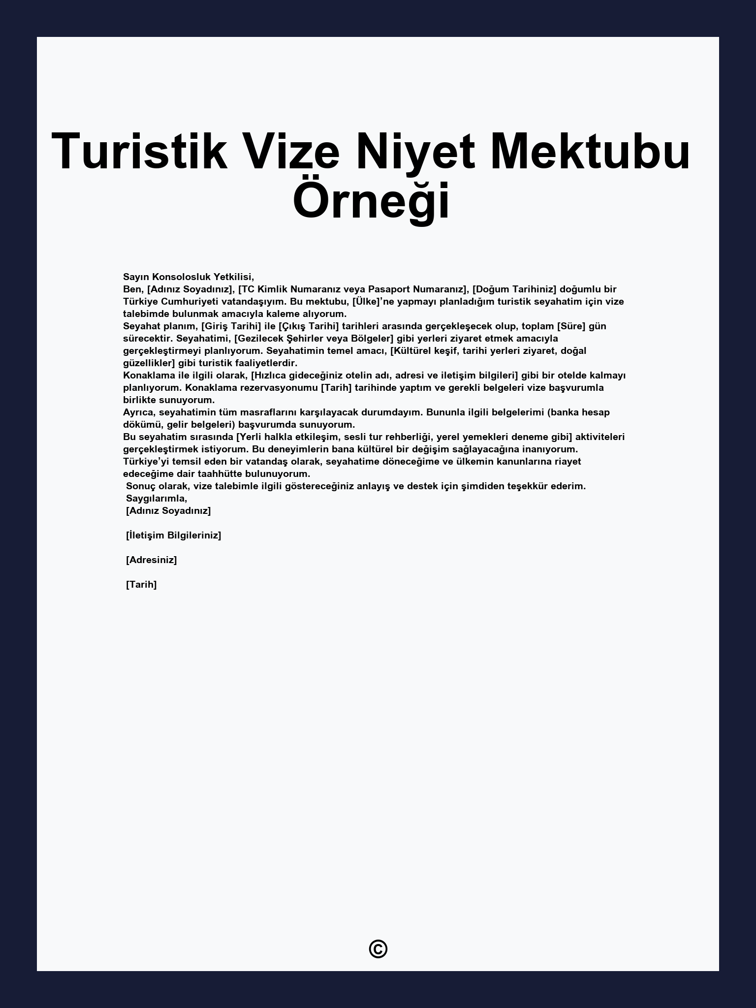 Turistik Vize Niyet Mektubu Örneği