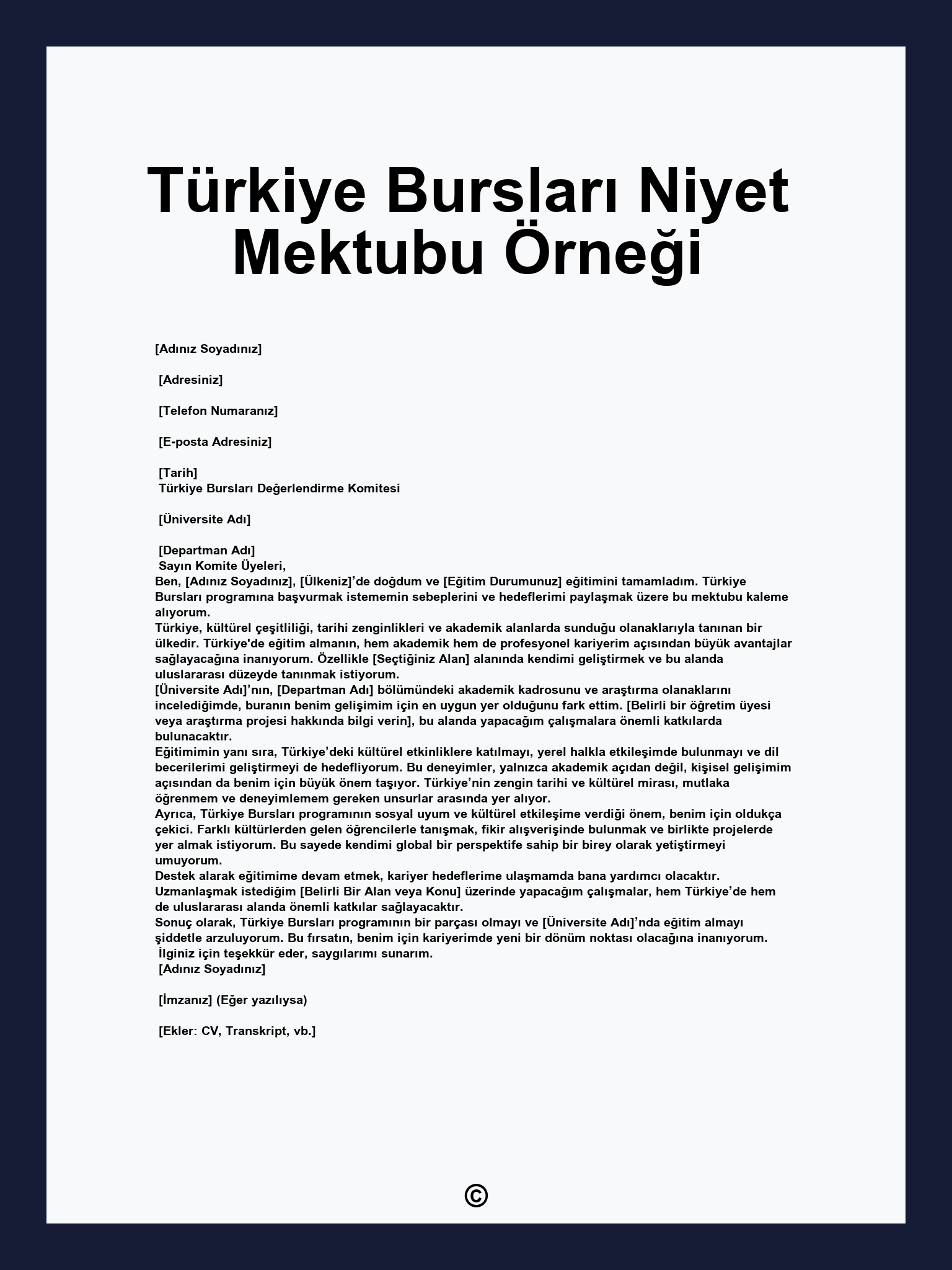 Türkiye Bursları Niyet Mektubu Örneği
