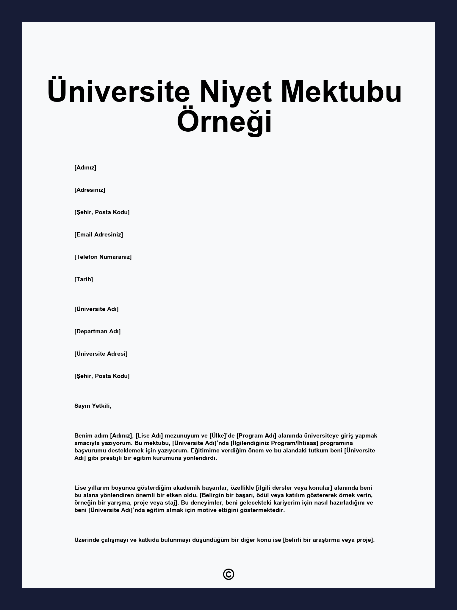 Üniversite Niyet Mektubu Örneği