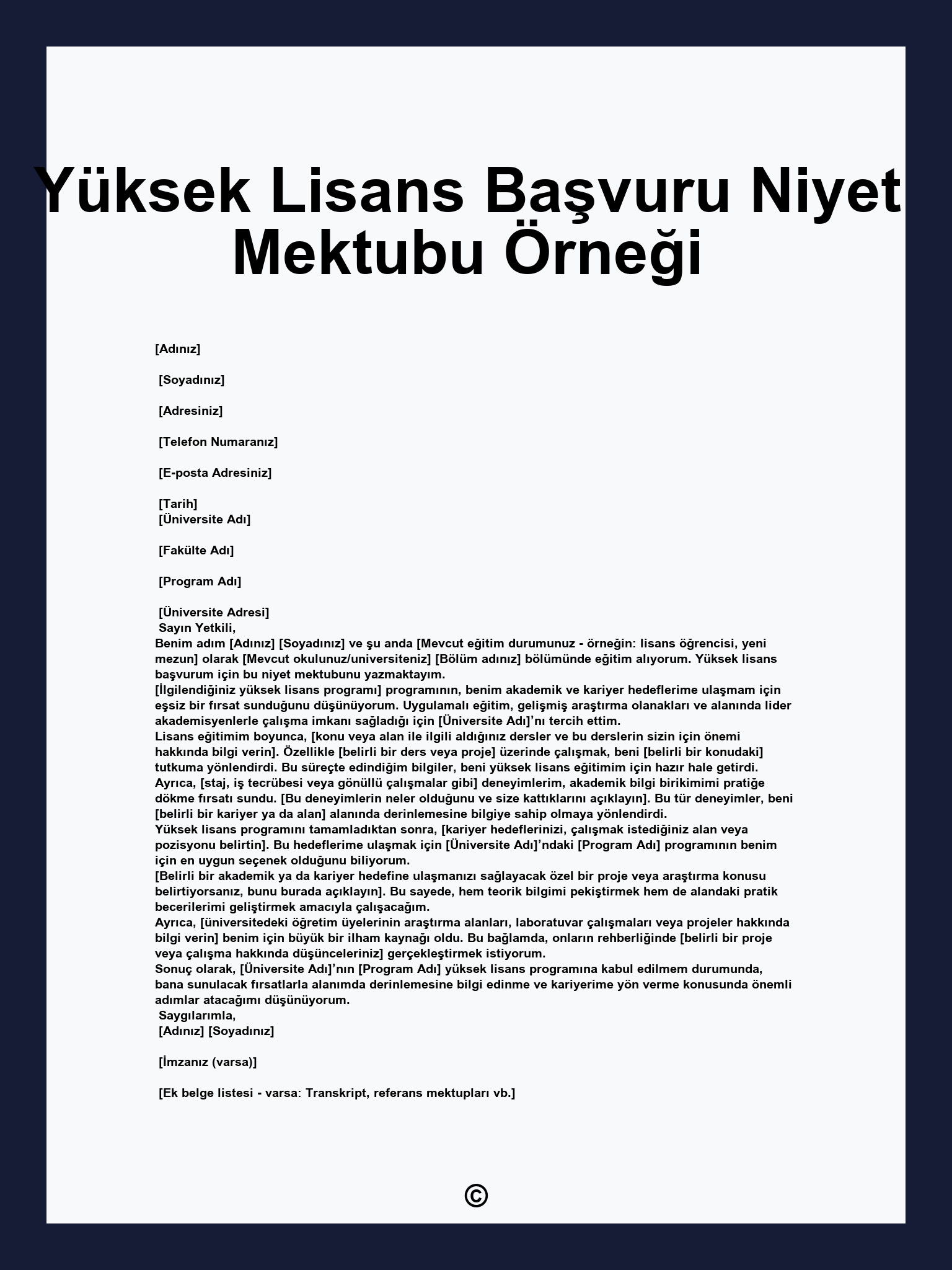 Yüksek Lisans Başvuru Niyet Mektubu Örneği