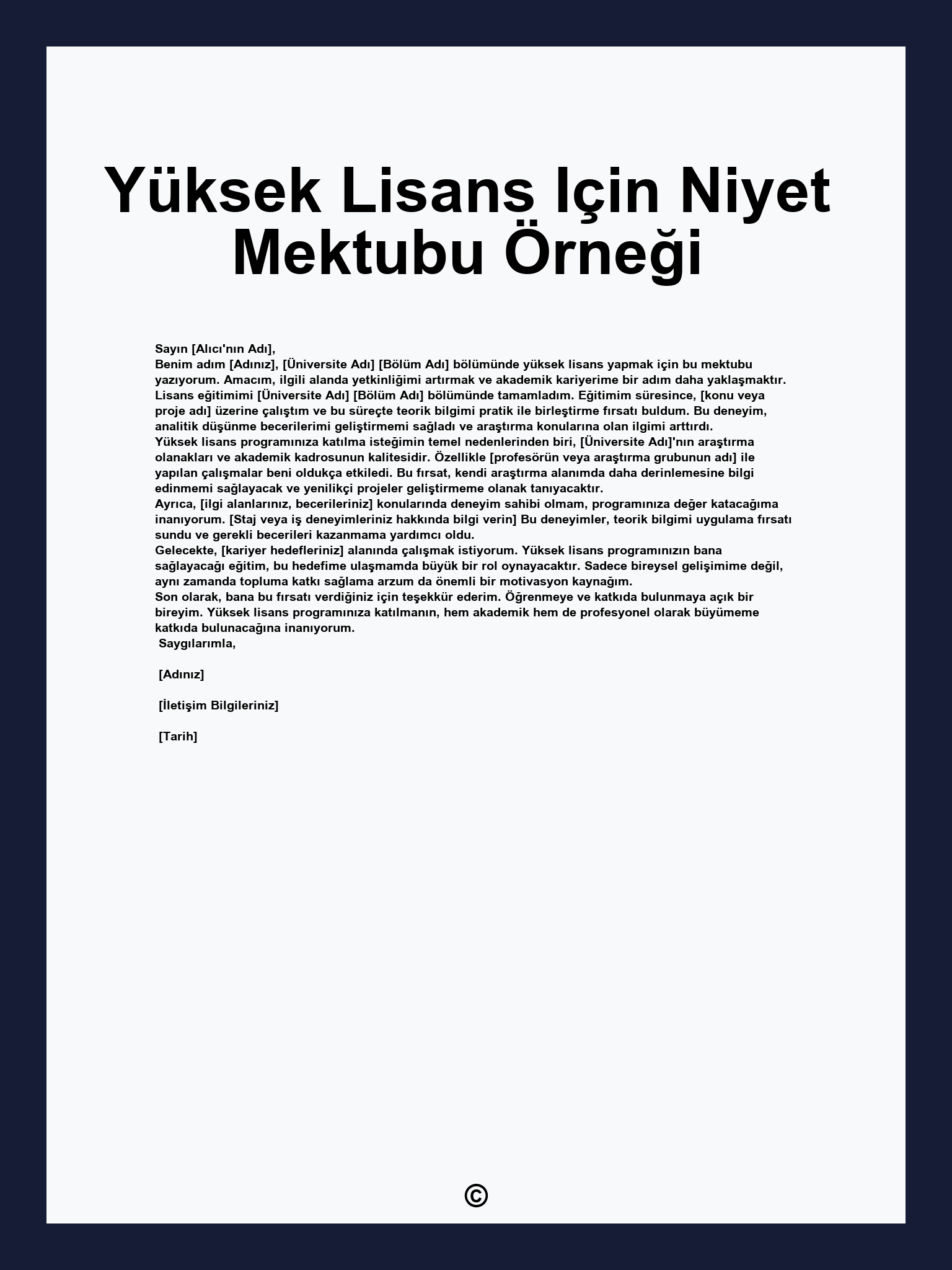 Yüksek Lisans Için Niyet Mektubu Örneği