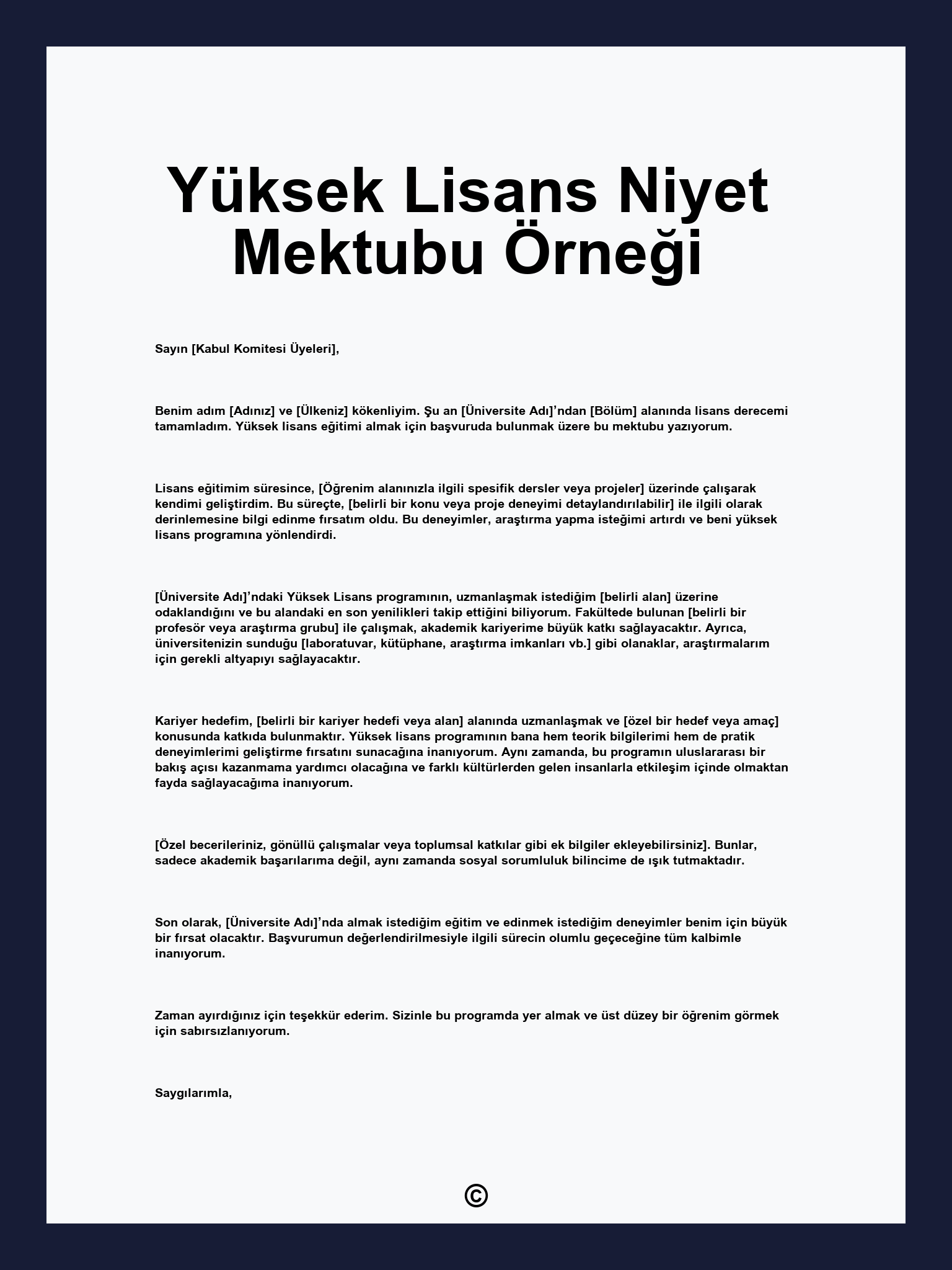 Yüksek Lisans Niyet Mektubu Örneği