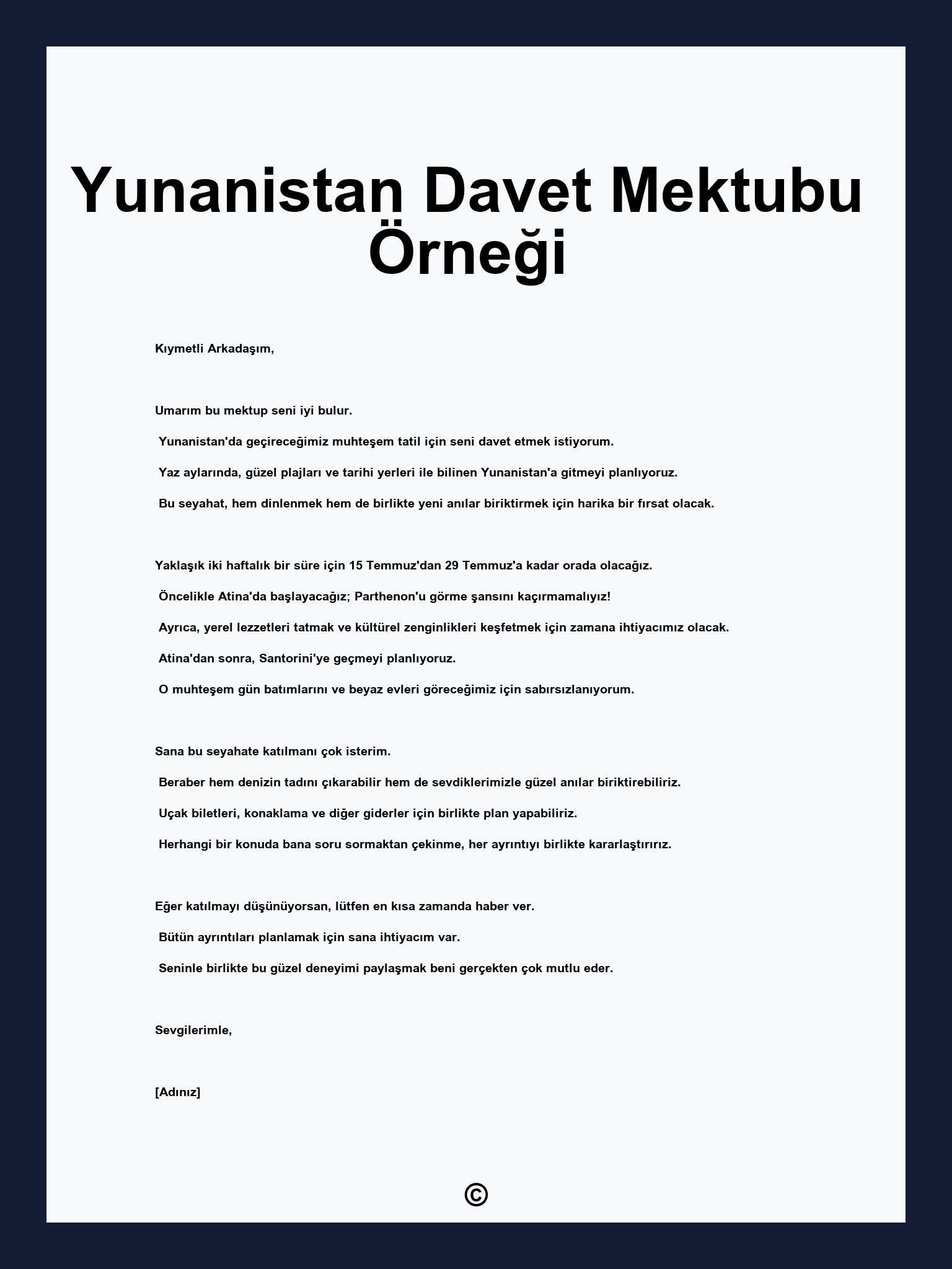 Yunanistan Davet Mektubu Örneği