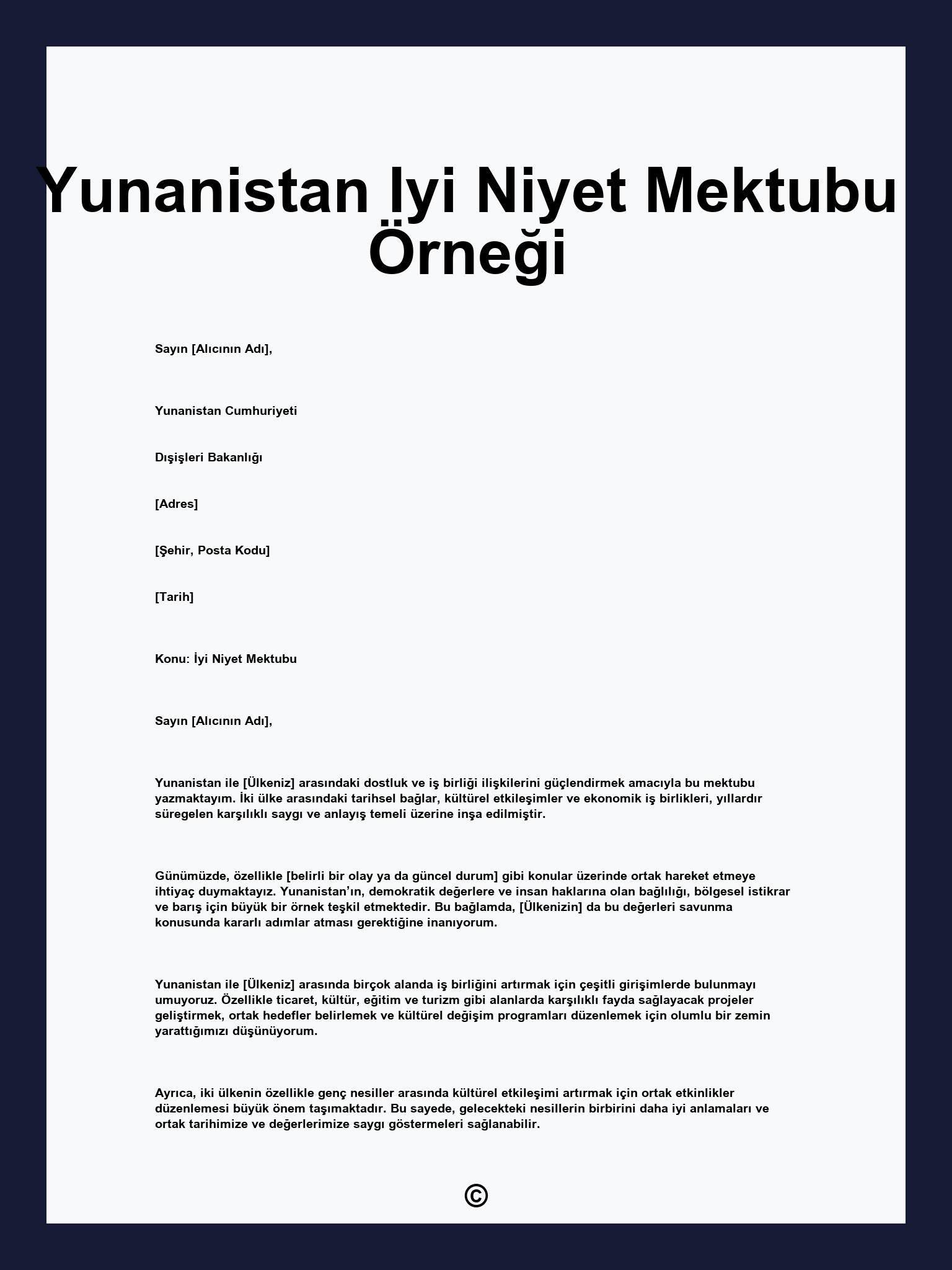 Yunanistan Iyi Niyet Mektubu Örneği