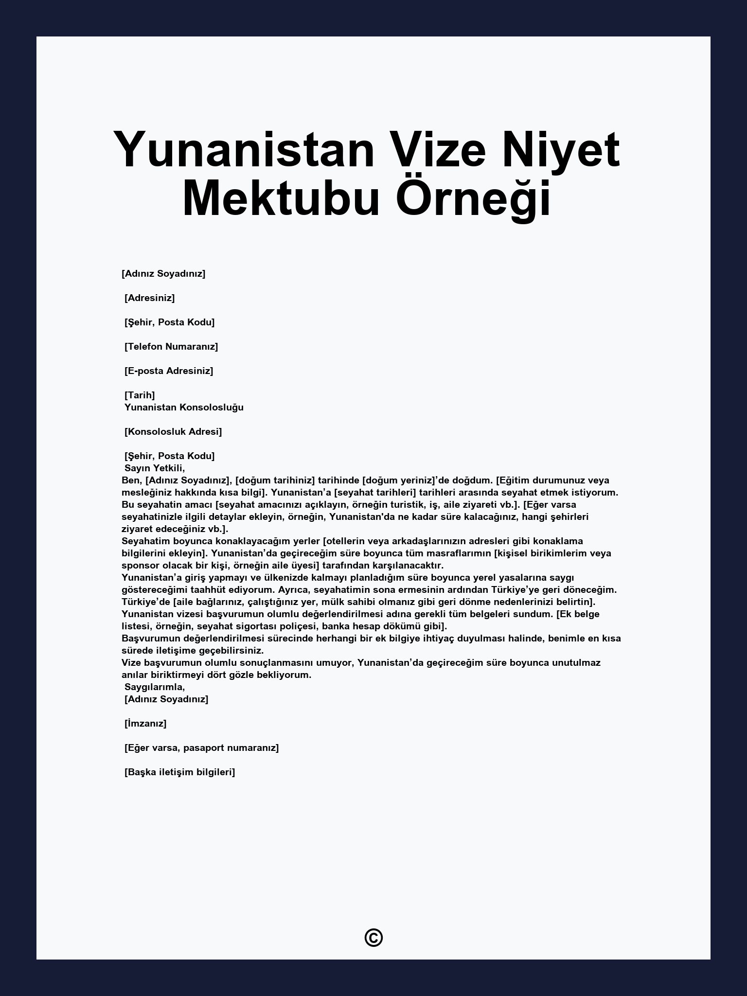 Yunanistan Vize Niyet Mektubu Örneği