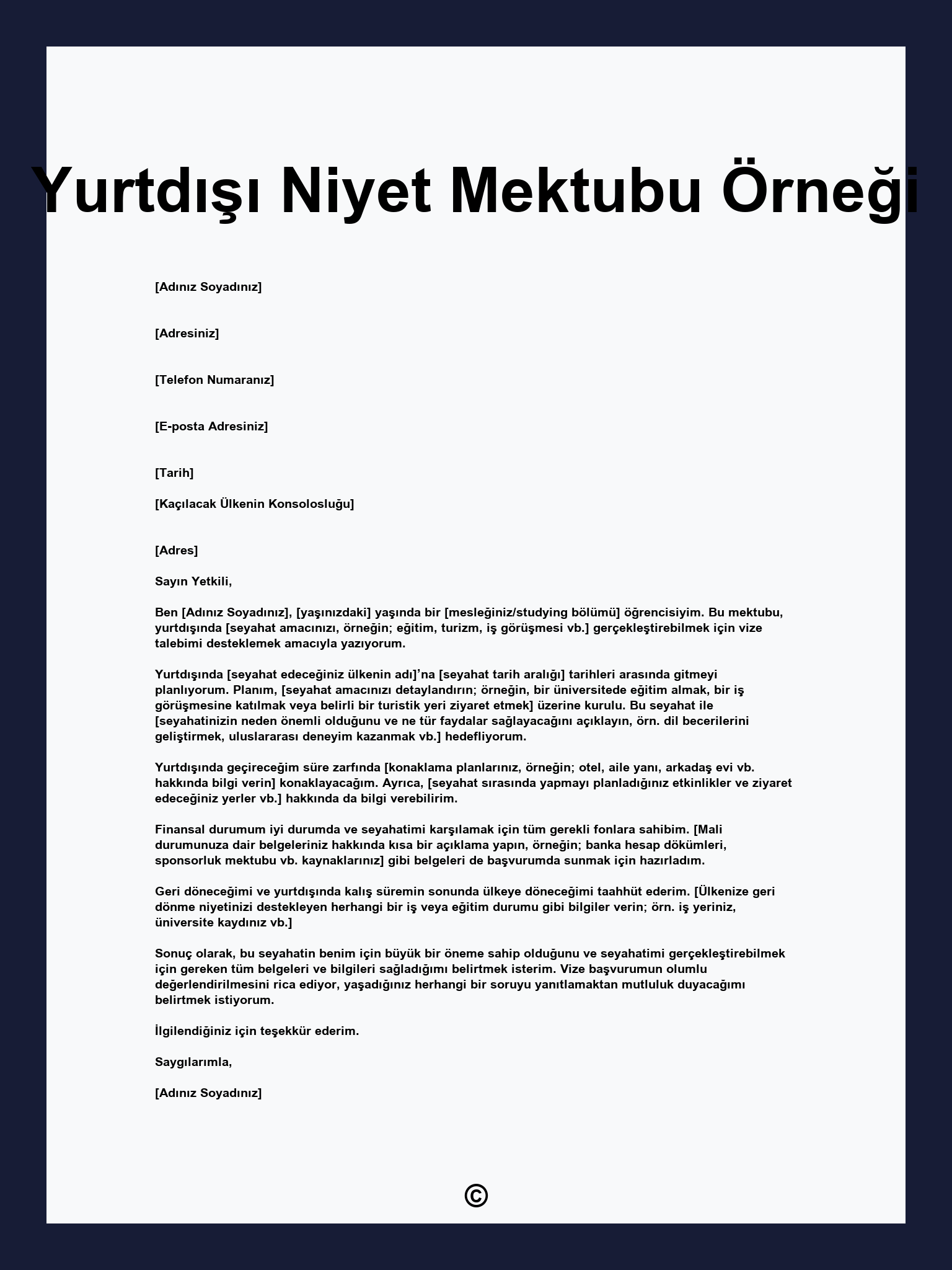 Yurtdışı Niyet Mektubu Örneği