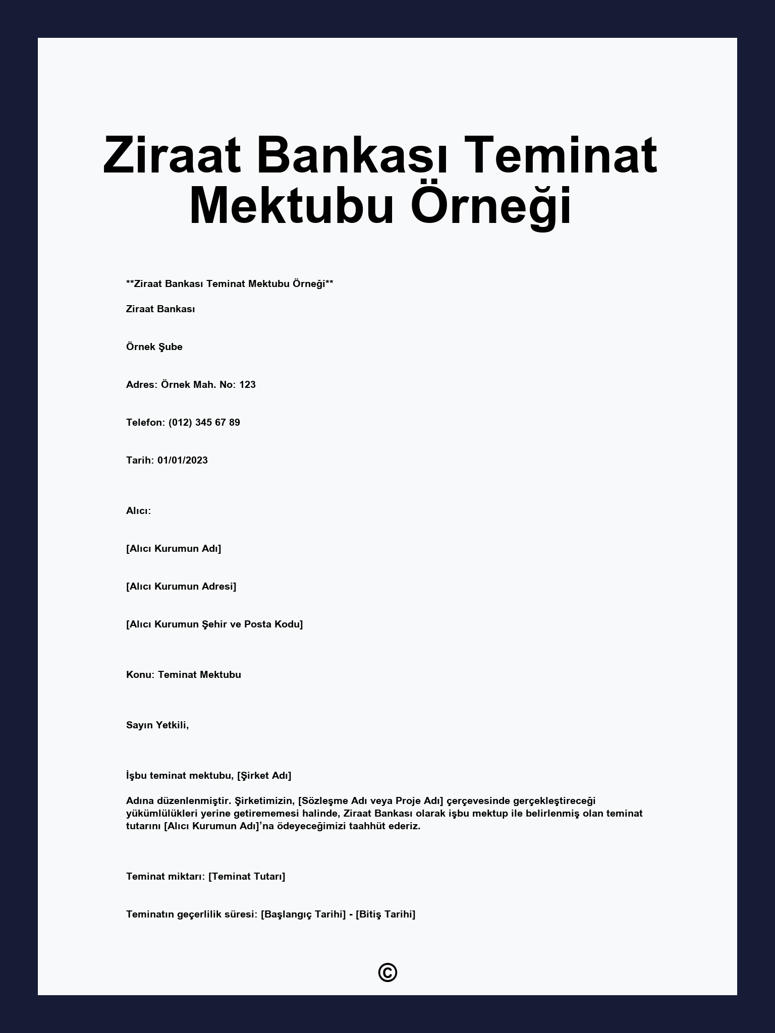 Ziraat Bankası Teminat Mektubu Örneği